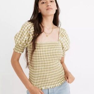 Madewell Lucie puff-sleeve smocked bodice top in gingham check